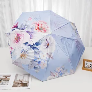 Light blue floral folding sun umbrella, double-sided printed UV protection umbrella for women summer.