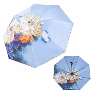 Double layer folding umbrella with beautiful peony butterfly print sun protection UV parasol
