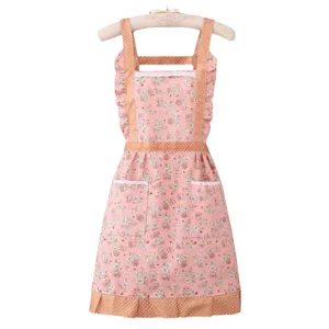 Cute floral kitchen apron for women, vintage pastoral style cooking bib with pockets and lace.