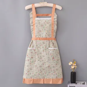 Cute pastoral floral apron for women, cotton kitchen cooking waist apron with pockets.