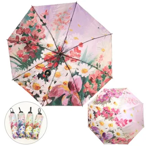 Oil painting floral folding umbrella, double-layer black UV protection sun rain umbrella.