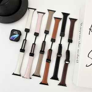 Replacement leather watch band with metal slim waist buckle compatible with Apple Watch