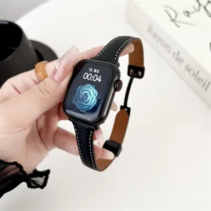 Slim lychee pattern leather magnetic watch strap compatible with Apple Watch, stylish accessory.