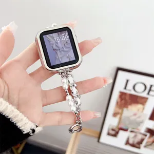 Λουράκι ρολογιού από πέρλες και δέρμα για Apple Watch, κομψή μεταλλική θήκη.