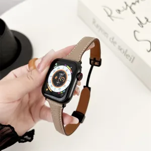 Leather magnetic slim watch strap detail shot compatible with Apple Watch Series 9 10 8 7 6 5.