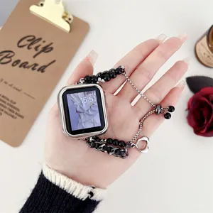 Λουράκι Apple Watch πολυτελείας αλυσίδα δέρμα χάντρες κομψό γυναικείο αξεσουάρ μόδας