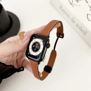 Detailed view of slim leather watch strap with magnetic buckle compatible with Apple Watch.