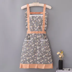 Cute pastoral floral kitchen apron with pockets ruffles cute cooking housework wear grey orange