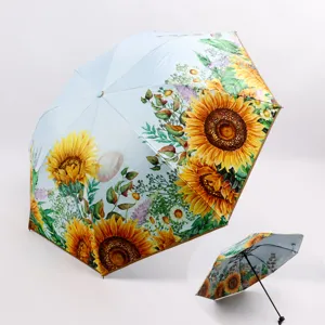 Double layer sunflower print sun umbrella, UV protection rain or shine, elegant summer gear.