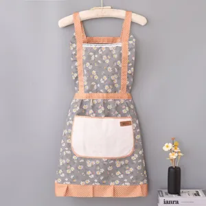 Cute pastoral floral kitchen apron with wipeable hands pocket, grey cotton cooking pinafore.