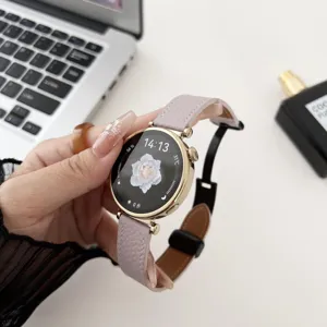 Replacement genuine leather watch strap with litchi pattern and metal folding buckle for smartwatch.