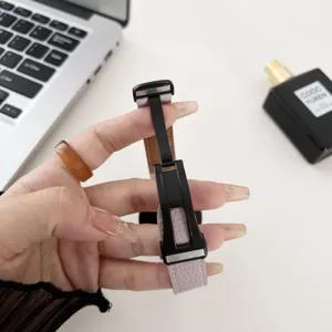 Replacement leather watch strap with magnetic folding buckle for smart watch detail view