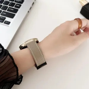 Replacement genuine leather watch band with litchi pattern and white stitching for smartwatch.
