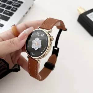 Genuine leather watch strap compatible with smartwatches, stylish litchi grain design with buckle.