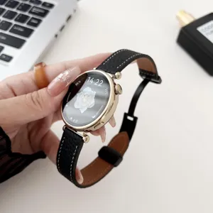 Replacement leather watch strap with magnetic folding buckle for smartwatches, elegant design.