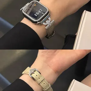 Replacement strap and diamond case compatible with Apple Watch, luxury leather wristband.