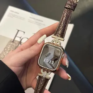 Rhinestone Apple Watch Leather Strap Luxury Designer Style Metal Link Case Accessory