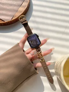 Braunes Jeans Uhrenarmband mit einseitiger Goldkette fuer Apple Watch Serie 41mm SE 9 8 7