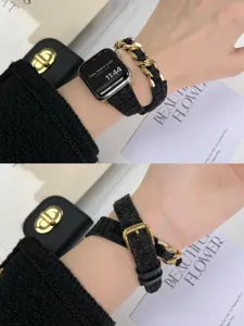 Luxus Tweed Leder Uhrenarmband mit Goldkette doppelter Wicklung Design fur Smartwatch Ersatz.