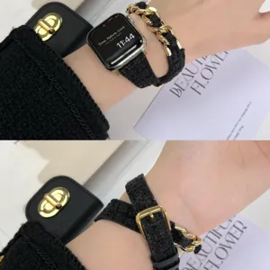 Modisches Echtes Leder Uhrenarmband Metallkette Smartwatch Armband Luxus Doppelwickel Ersatzband Für Apple Watch