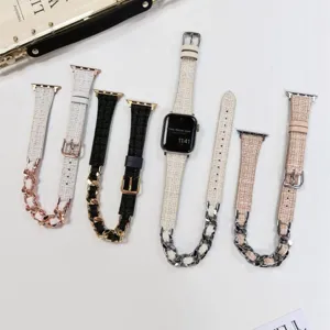 Schickes Tweed- und Metallketten-Smartwatch-Armband für Apple Watch, modischer süßer Stil.