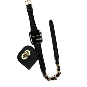 Schwarzes Tweed Metallketten Apple Watch Armband mit Mini Etui Luxus Designer Stil