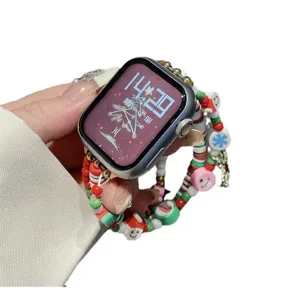 Bracelet de montre perlé de Noël pour Apple Watch Série 9 8 7 6 5 4, design argile douce.