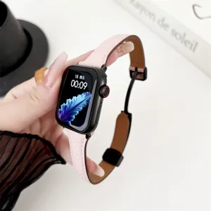 Pink leather slim magnetic watch band detail view for compatible smart watch accessory