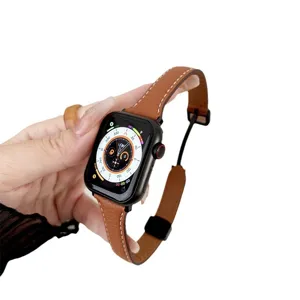 Slim leather magnetic watch band compatible with Apple watch luxury replacement strap