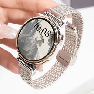 Edelstahl Smartwatch für Damen mit stilvollem mailändischen Magnet-Mesh-Armband rund.