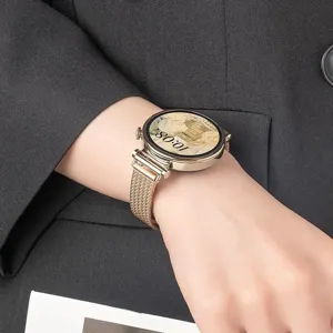 Elegantes roségoldenes Edelstahl Mesh Smartwatch Armband und stilvolles Damenuhr Zubehör.