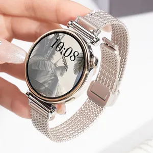 Damen Edelstahl Smartwatch mit Mesh Metallarmband und stilvollem digitalen Zifferblatt