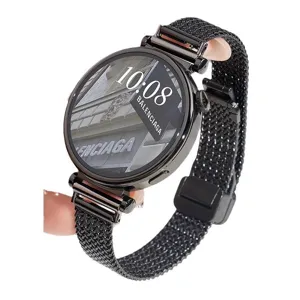 Edelstahl Damen Smartwatch mit stilvollem schwarzem Mesh Armband und digitalem Zifferblatt.