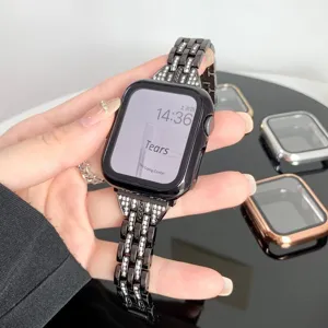 Funda protectora brillante y correa de metal con diamantes de imitación para Apple Watch. Elegante.