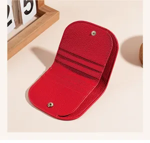 Genuine leather women's short mini wallet card holder detail view compact design red