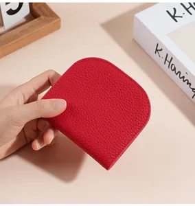 Genuine leather mini coin purse, compact red leather wallet detail view showcasing fine.