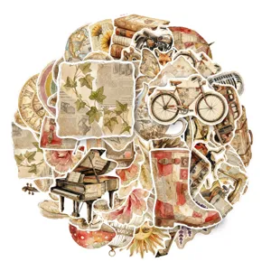 Vista dettagliata del set di adesivi vintage con illustrazioni retro come bici e pianoforti.