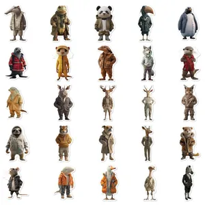 Detailed view of creative anthropomorphic animal stickers in stylish outfits for diy crafts.