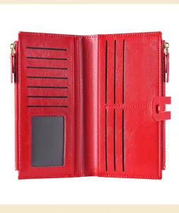 Red women long wallet interior detail showing multi-card slots and coin pocket design.