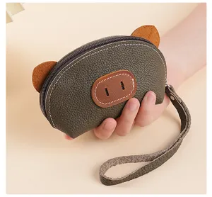 Cute leather coin purse for women mini portable zipper wallet with cute pig ears and strap.