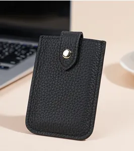 Genuine leather card holder detail, slim mini credit card case wallet with snap button closure.