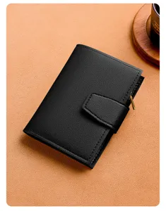 Women's short black tri-fold wallet compact multi-card holder with zipper coin purse stylish.