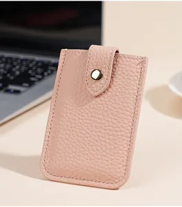 Pink genuine leather card holder, slim minimalist pull-tab wallet and compact card case.