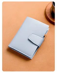 Light blue short women wallet PU leather trifold card holder compact purse with zipper