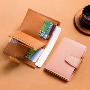 Women Short Trifold Wallet Minimalist Solid Color PU Leather Purse With Card Slots Zipper Pocket And Snap Closure