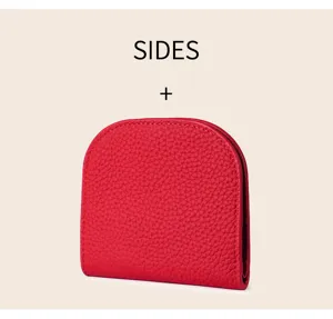 Red genuine leather mini wallet card holder detail view, compact soft cowhide coin purse.