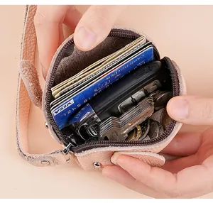 Genuine leather cute mouse coin purse mini wallet with zipper for women and girls key storage.