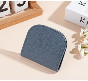 Genuine leather women short mini wallet coin purse compact soft leather card holder grey