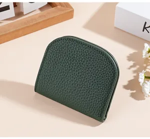 Genuine leather women short wallet mini coin purse compact soft card holder dark green elegant
