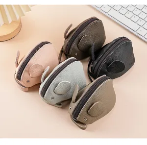 Detailed view of creative leather mouse coin purse, cute cartoon mini zipper wallet for women keys.
